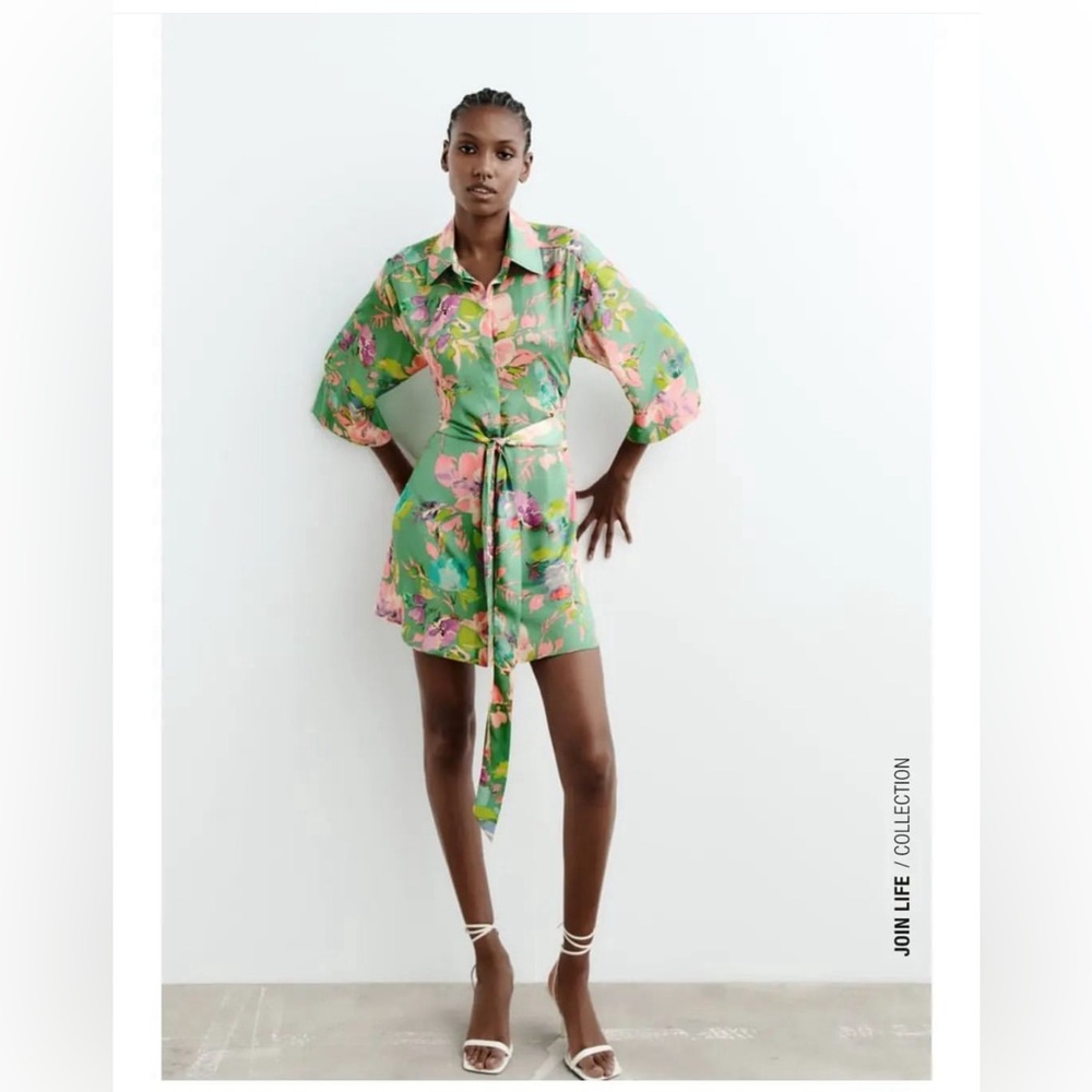 ZARA floral print satin shirt dress